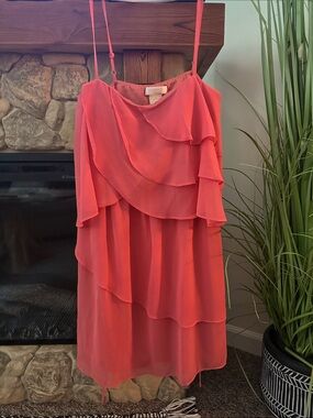 Coral Tiered Ruffle Spaghetti Strap Dress